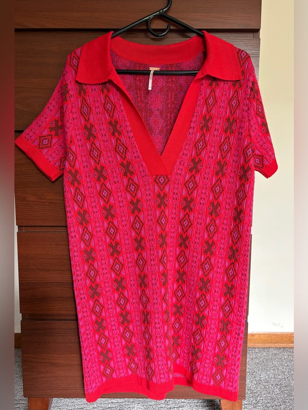 Free People Short-Sleeve V-Neck Knit Top - Pink, purple and brown.